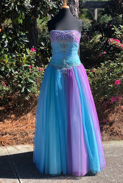 Strapless Multicolored Gown with Corset Back